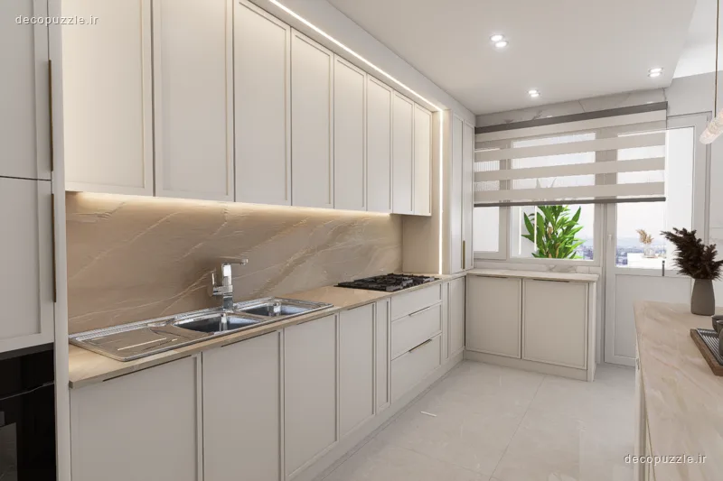 آشپزخانه مدرن سفید با کابینت‌های ام‌دی‌اف، صفحه و backsplash سنگی، سینک دوقلو و نور مخفی