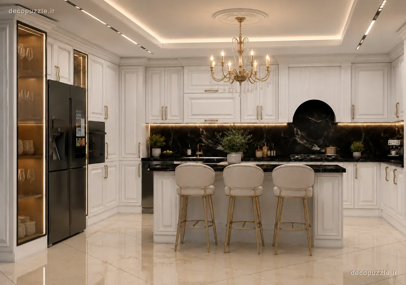 کابینت نئوکلاسیک سفید با جزیره، ویترین شیشه‌ای و بین کابینتی ماربل مشکی در آشپزخانه