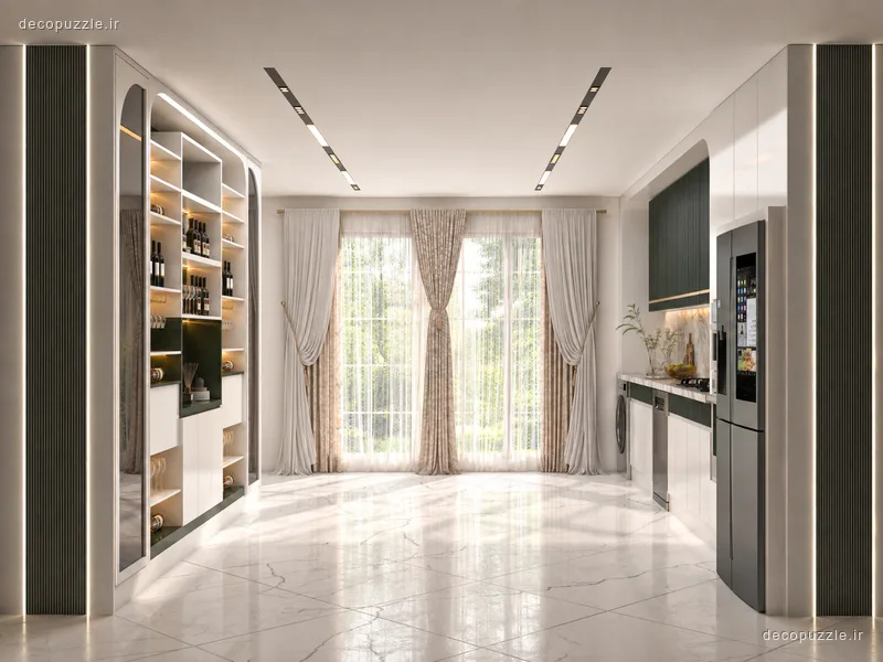 آشپزخانه مدرن سفید و سبز تیره با کابینت خطی، قفسه باز و کف ماربل روشن