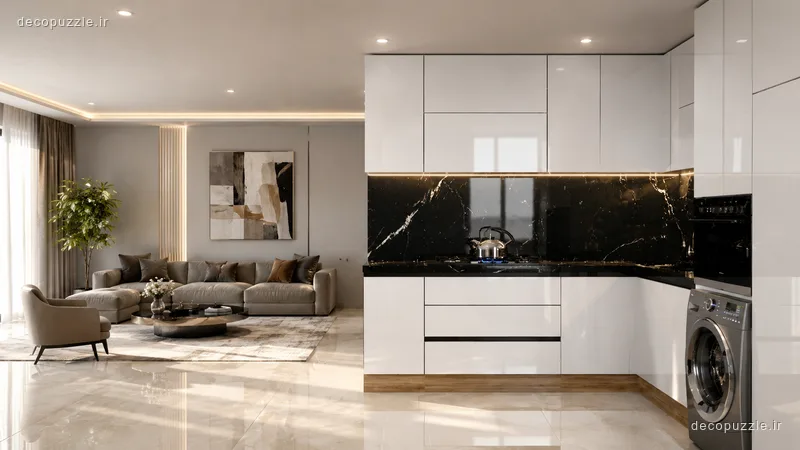 آشپزخانه مدرن با کابینت هایگلاس سفید، بین کابینتی ماربل مشکی، چیدمان ال و نورپردازی خطی