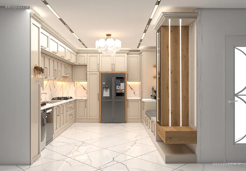 آشپزخانه نئوکلاسیک کرم با چیدمان یو، بین کابینتی ماربل و نورپردازی خطی