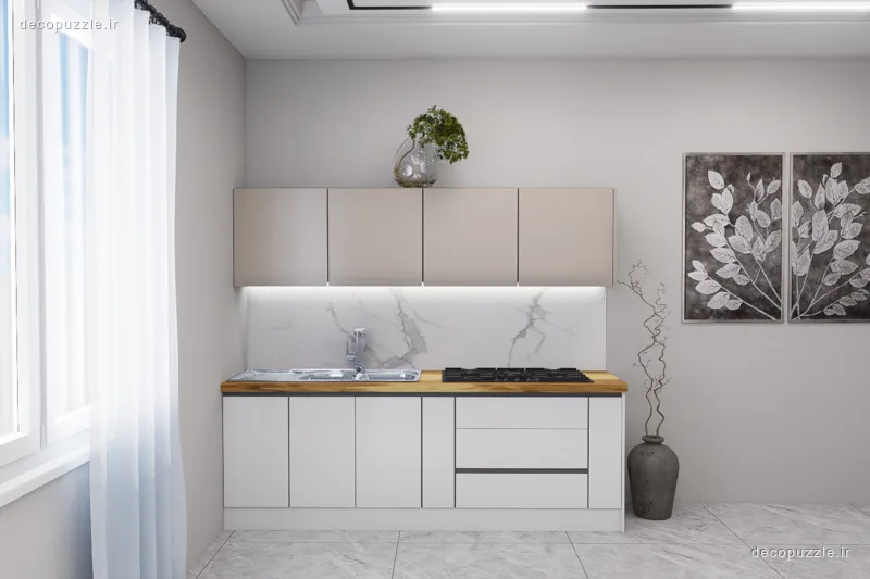 کابینت مدرن سفید مات با صفحه طرح چوب و بین کابینتی ماربل در آشپزخانه خطی