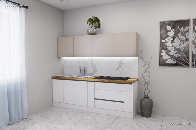 کابینت سفید مات با بین کابینتی ماربل، دستگیره مخفی و نورپردازی خطی در آشپزخانه خطی