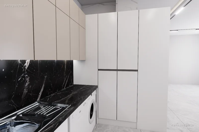 کابینت مدرن سفید و مشکی مات با چیدمان ال، دستگیره مخفی و بین کابینتی ماربل در آشپزخانه