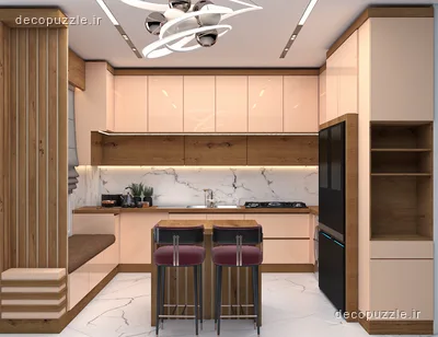 کابینت مدرن دورنگ با ترکیب هایگلاس و طرح چوب، جزیره، بین کابینتی ماربل و قفسه باز