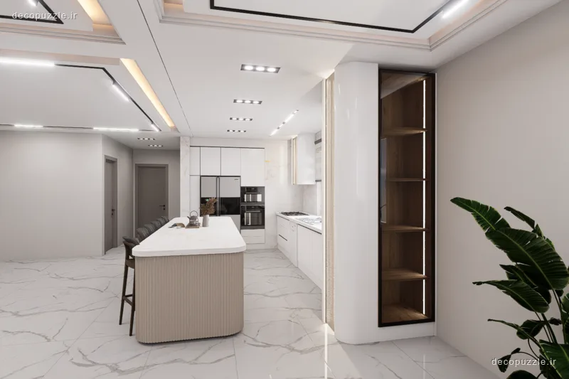 کابینت مدرن سفید براق با جزیره، قفسه باز و نورپردازی خطی در آشپزخانه