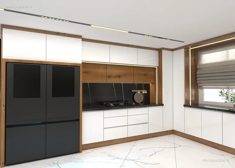 کابینت مدرن سفید مات و طرح چوب با بین کابینتی مشکی در آشپزخانه ال