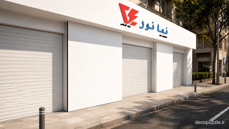 نمای فروشگاه سفید با کرکره‌های متال و چیدمان خطی در کنار خیابان