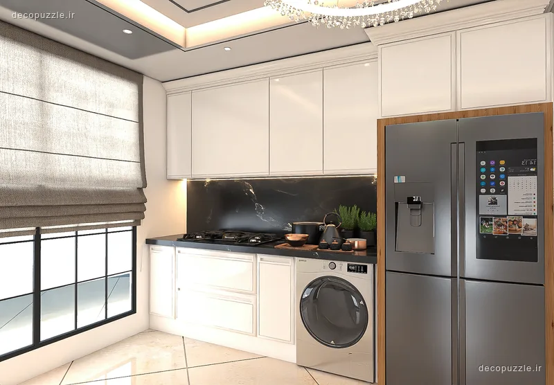 کابینت سفید مات با بین کابینتی ماربل، نورپردازی خطی و یخچال متال در آشپزخانه ال