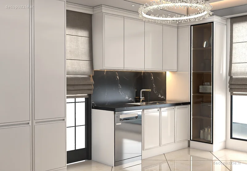 کابینت نئوکلاسیک سفید مات با ویترین شیشه‌ای و بین کابینتی ماربل در آشپزخانه ال