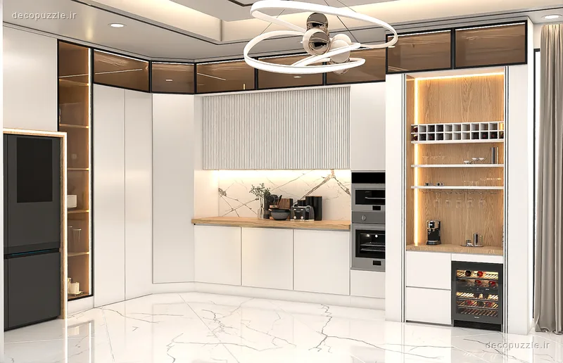 کابینت مدرن سفید مات و طرح چوب با کافی‌بار، ویترین و نورپردازی خطی در آشپزخانه ال