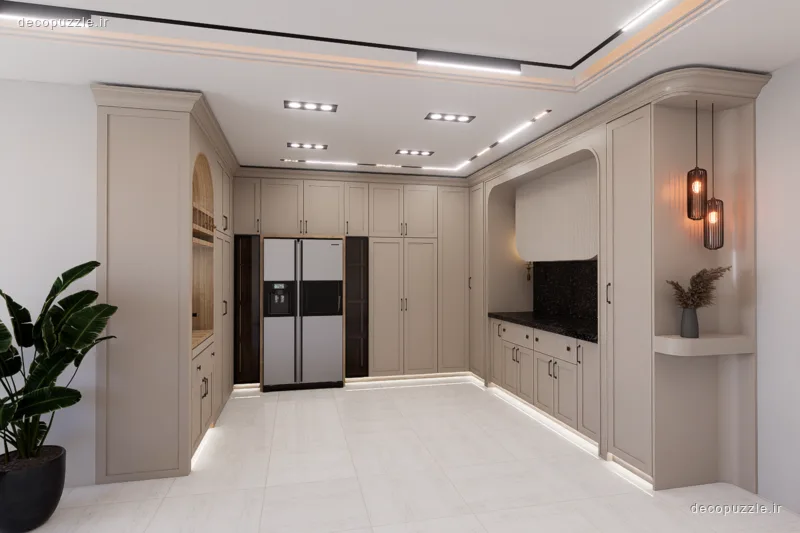 کابینت نئوکلاسیک کرم با چیدمان یو، ویترین و بین کابینتی ماربل در آشپزخانه