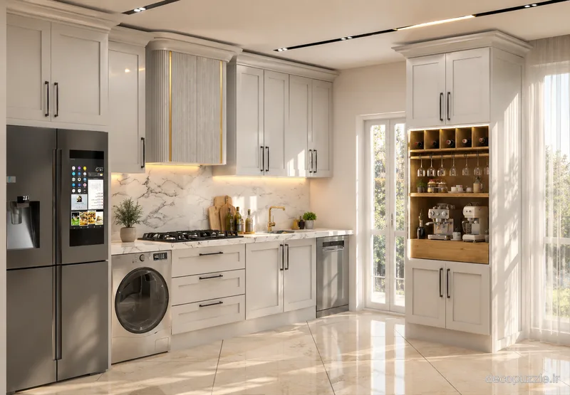 کابینت نئوکلاسیک سفید مات با کافی‌بار، هود مخفی و بین کابینتی ماربل در آشپزخانه ال