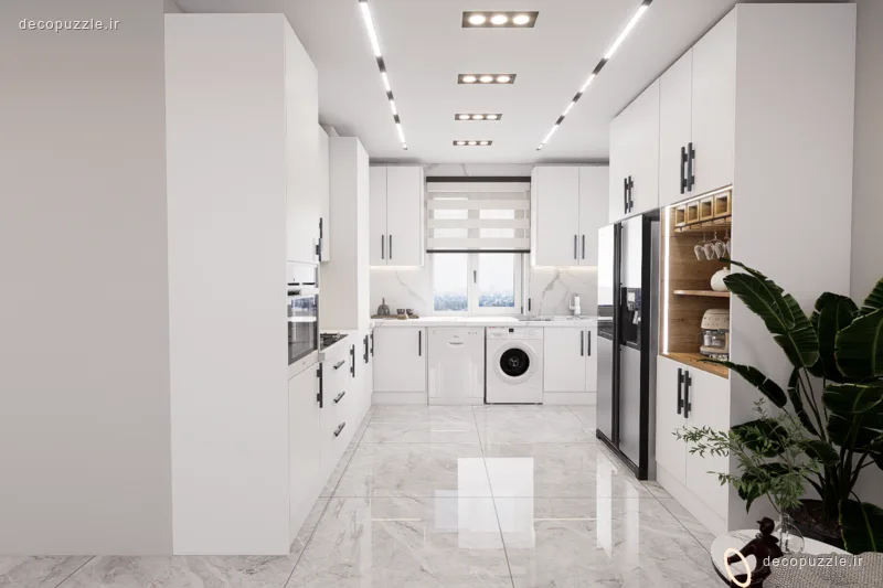 آشپزخانه مدرن سفید مات با چیدمان یو، کابینت تا سقف، ویترین، قفسه باز و نورپردازی خطی