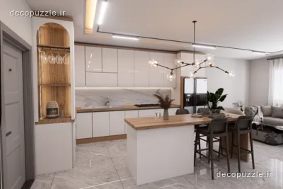 آشپزخانه مدرن دورنگ با کابینت هایگلاس، جزیره طرح چوب، بین کابینتی ماربل و نورپردازی خطی