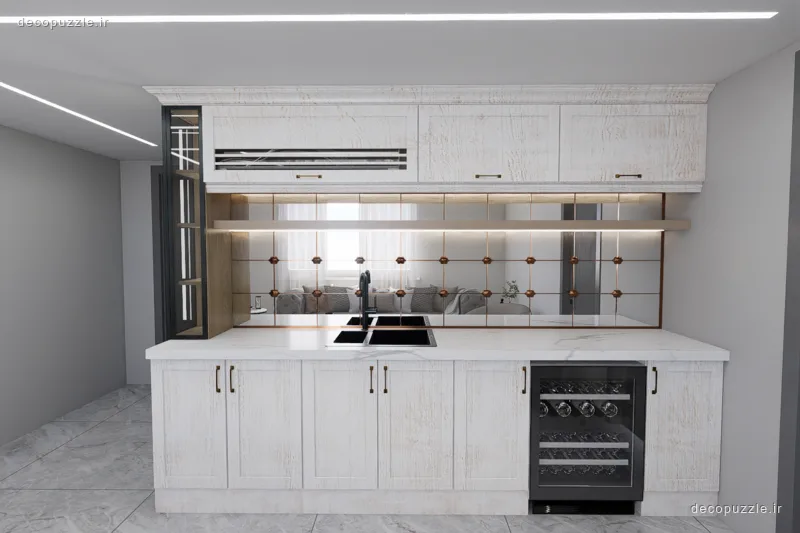 آشپزخانه خطی سفید با کابینت طرح چوب، قفسه باز، سینک توکار و نورپردازی خطی
