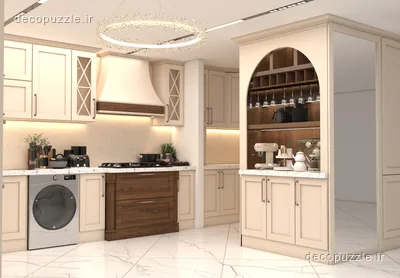 کابینت ممبران کرم و طرح چوب با کافی‌بار و قفسه باز در آشپزخانه ال