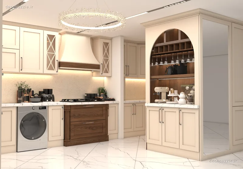 کابینت ممبران کرم و طرح چوب با کافی‌بار و قفسه باز در آشپزخانه ال