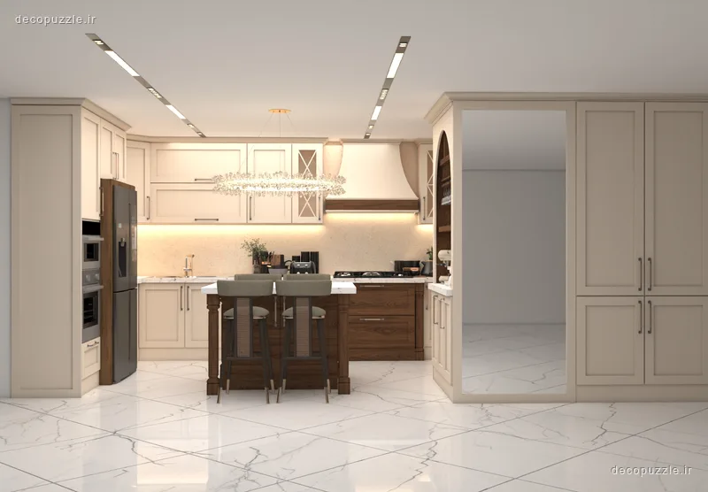 آشپزخانه نئوکلاسیک دورنگ با کابینت ممبران، جزیره چوبی، ویترین و نورپردازی خطی