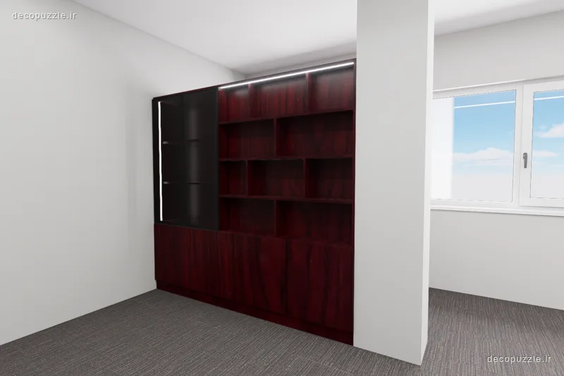 کتابخانه و کابینت اداری زرشکی با قفسه‌های باز و نورپردازی خطی در فضای دفتر کار