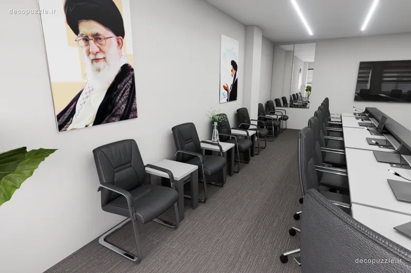 اتاق جلسات طوسی با میز کنفرانس سفید، صندلی‌های مشکی و نورپردازی خطی