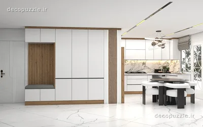 آشپزخانه مدرن سفید مات با جزیره، جزئیات طرح چوب، بین کابینتی ماربل و میز ناهارخوری