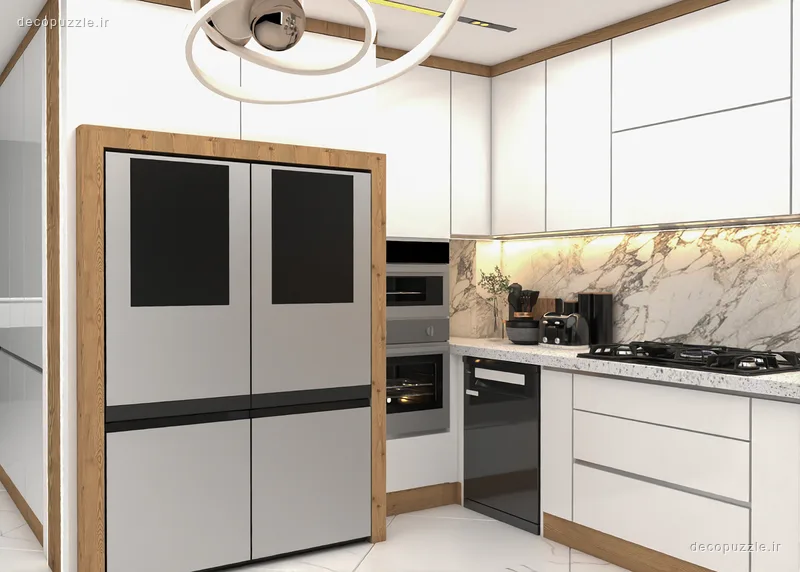 کابینت مدرن سفید و مشکی با طرح چوب، بین کابینتی ماربل و فر توکار در آشپزخانه ال