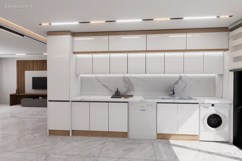 آشپزخانه مدرن دورنگ سفید و طرح چوب با چیدمان خطی، بین کابینتی ماربل و دستگیره مخفی