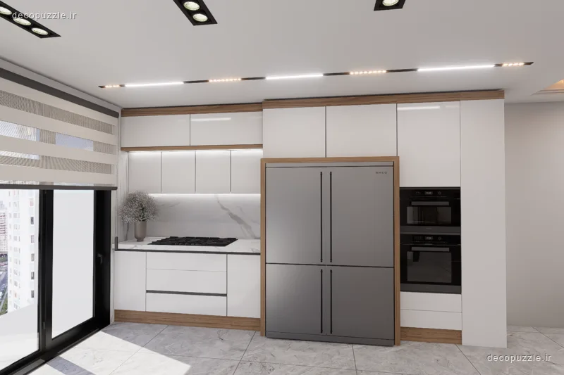 کابینت مدرن سفید هایگلاس با طرح چوب، بین کابینتی ماربل و فر توکار در آشپزخانه خطی
