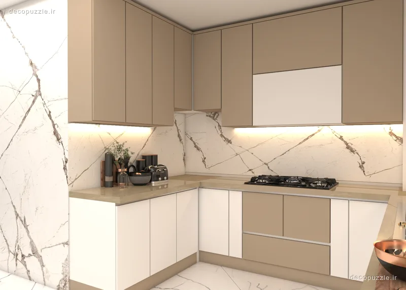 کابینت مدرن مات دورنگ با چیدمان ال، بین کابینتی ماربل و نورپردازی خطی