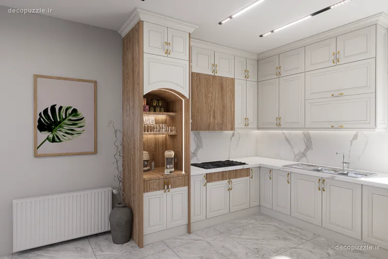 کابینت ممبران سفید و طرح چوب در آشپزخانه ال با ویترین، بین کابینتی ماربل و نورپردازی خطی
