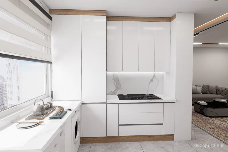 کابینت مدرن سفید هایگلاس با جزئیات طرح چوب، چیدمان ال و بین کابینتی ماربل
