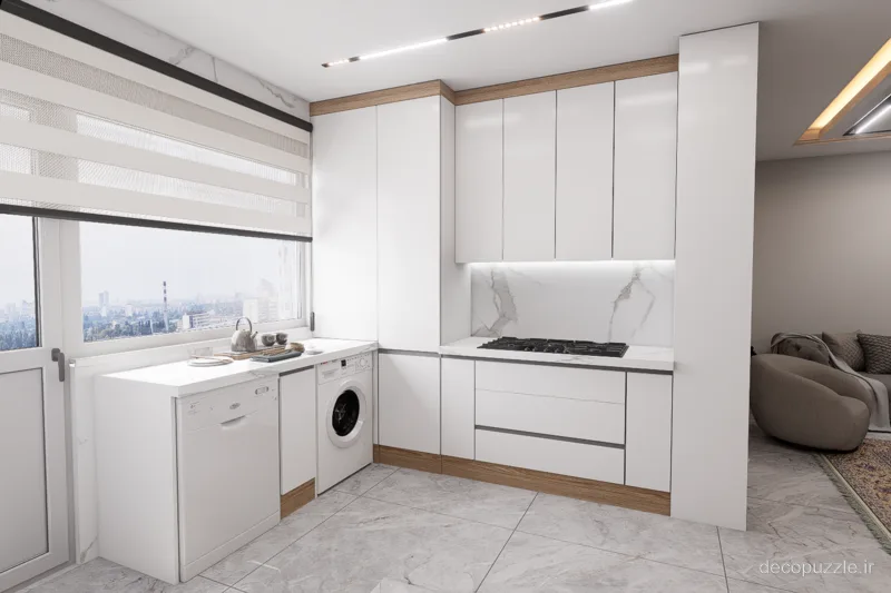 کابینت مدرن سفید مات با چیدمان ال، دستگیره مخفی و بین کابینتی ماربل در آشپزخانه