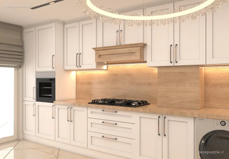 کابینت نئوکلاسیک سفید با بین کابینتی طرح چوب، فر توکار و نورپردازی خطی در آشپزخانه خطی