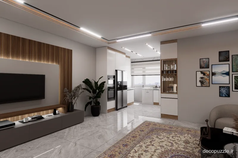 آشپزخانه مدرن دورنگ با کابینت سفید مات، طرح چوب، ویترین و فر توکار در فضای پذیرایی