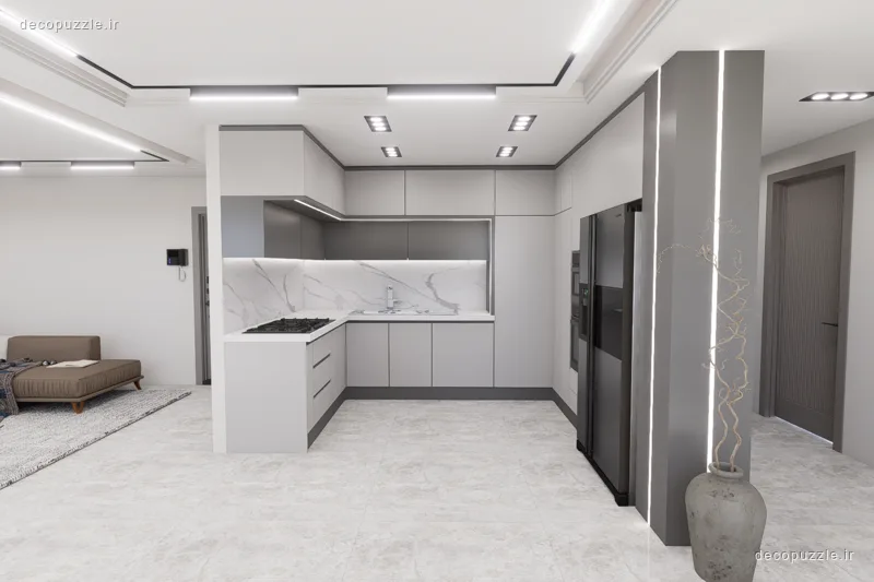 کابینت مدرن سفید و طوسی مات با چیدمان ال، بین کابینتی ماربل و دستگیره مخفی در آشپزخانه