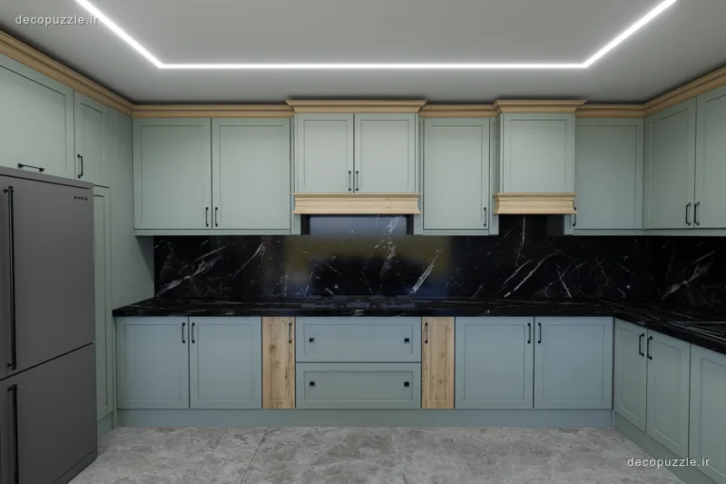 آشپزخانه نئوکلاسیک طوسی مات با صفحه و بین کابینتی ماربل مشکی و چیدمان یو
