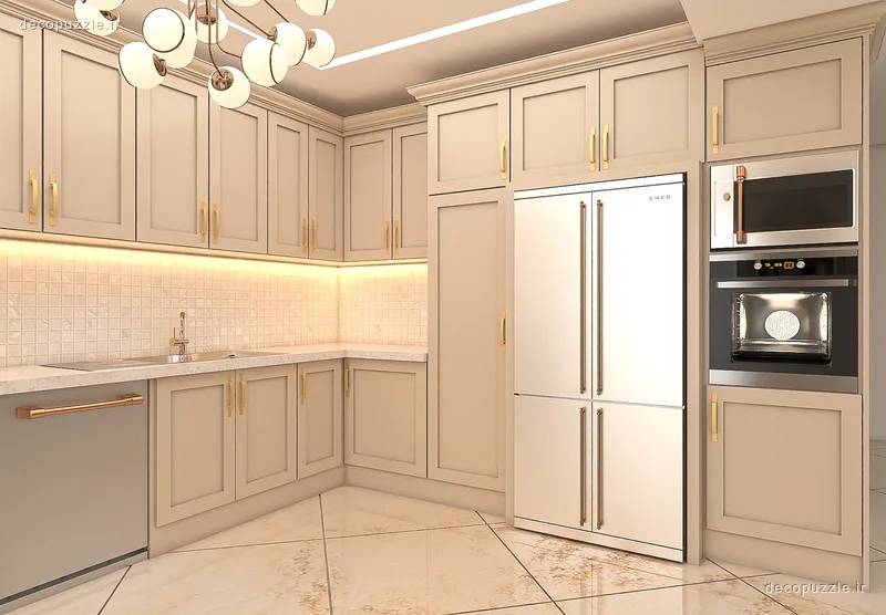 آشپزخانه نئوکلاسیک کرم با کابینت ممبران، بین کابینتی روشن، فر و مایکروویو توکار