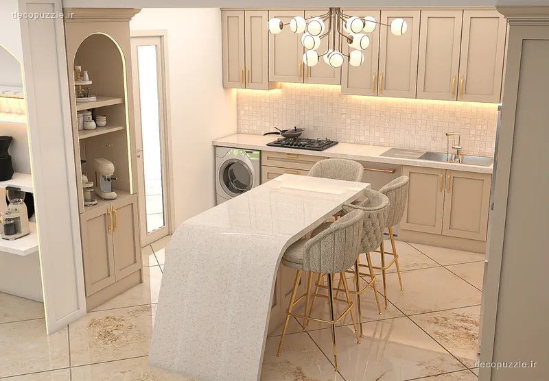 کابینت نئوکلاسیک کرم مات با جزیره، قفسه باز و نورپردازی خطی در آشپزخانه