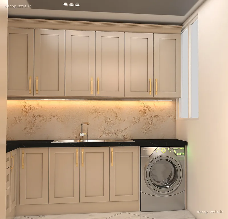 کابینت نئوکلاسیک کرم با صفحه ماربل مشکی، بین کابینتی روشن و نورپردازی خطی در آشپزخانه ال
