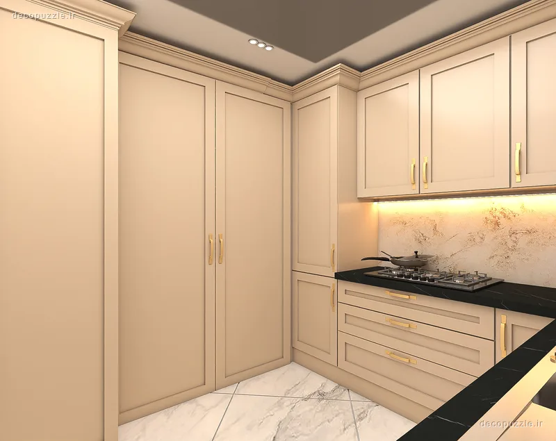 کابینت ممبران کرم با چیدمان یو، بین کابینتی ماربل و نورپردازی خطی در آشپزخانه