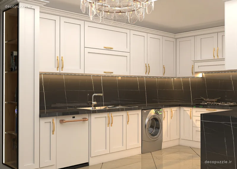 کابینت نئوکلاسیک سفید مات با صفحه و بین کابینتی مشکی، جزیره و چیدمان ال در آشپزخانه