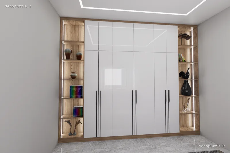 کابینت مدرن سفید و طرح چوب با ویترین و قفسه باز در پذیرایی