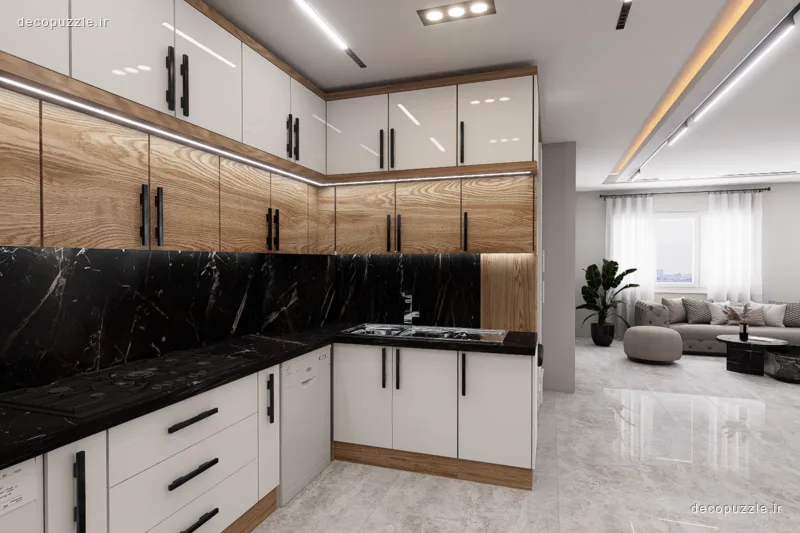 کابینت مدرن دورنگ سفید و طرح چوب با صفحه و بین کابینتی مشکی در آشپزخانه ال شکل