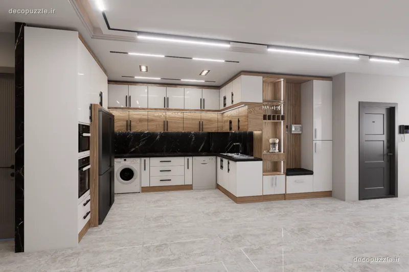 کابینت مدرن سفید و طرح چوب با بین کابینتی مشکی و قفسه باز در آشپزخانه ال