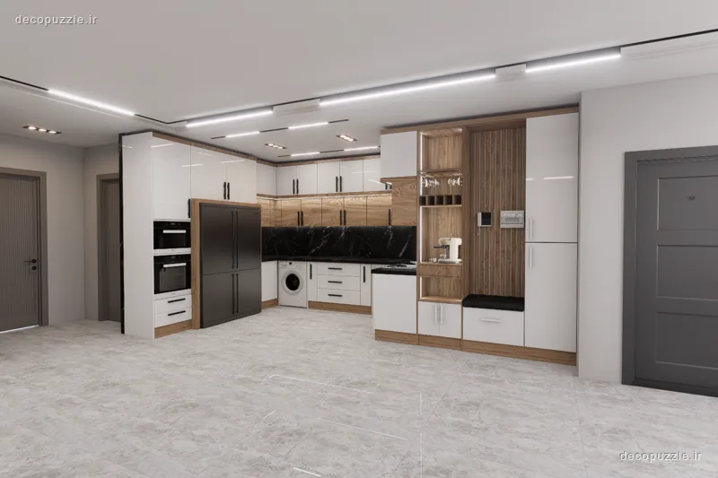 آشپزخانه مدرن دورنگ با کابینت هایگلاس سفید، طرح چوب، جزئیات ماربل و چیدمان ال