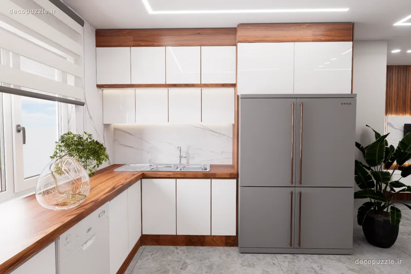 کابینت مدرن سفید با طرح چوب، چیدمان ال و بین کابینتی ماربل در آشپزخانه
