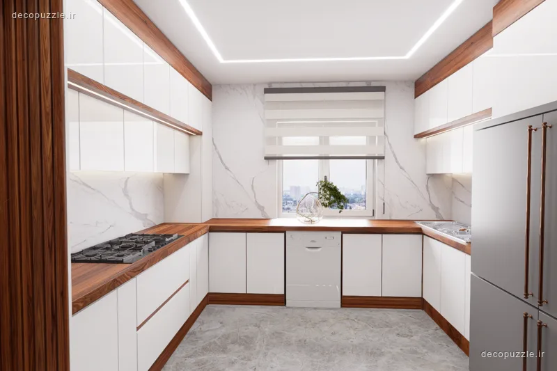 کابینت مدرن دورنگ سفید و طرح چوب با چیدمان یو، بین کابینتی ماربل و دستگیره مخفی در آشپزخانه