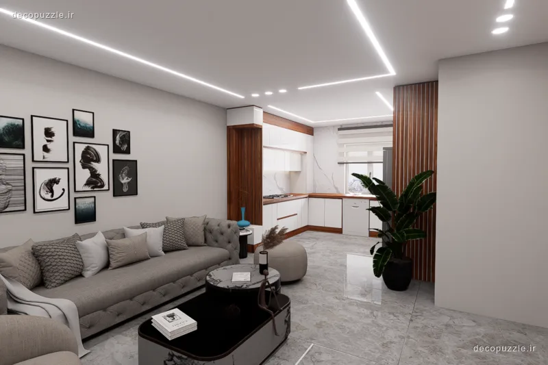 کابینت مدرن دورنگ سفید و طرح چوب با چیدمان ال و نورپردازی خطی در آشپزخانه‌ای مشرف به پذیرایی