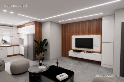 کابینت مدرن دورنگ سفید و طرح چوب با جزیره و نورپردازی خطی در آشپزخانه ال